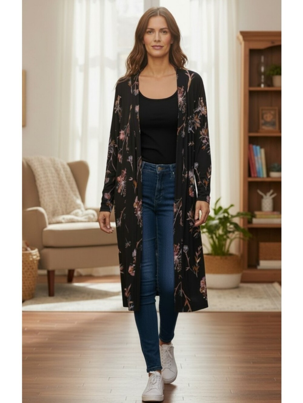 Soma XL long line robe black multi bohemian floral relaxing soft stretch pocket